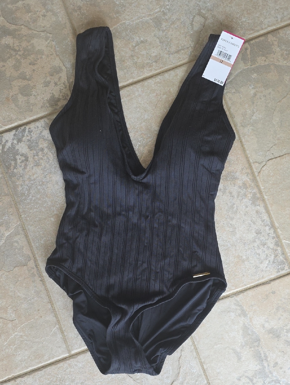 Vince Camuto Black Ribbed Deep V One-Piece Swimsuit Size 12